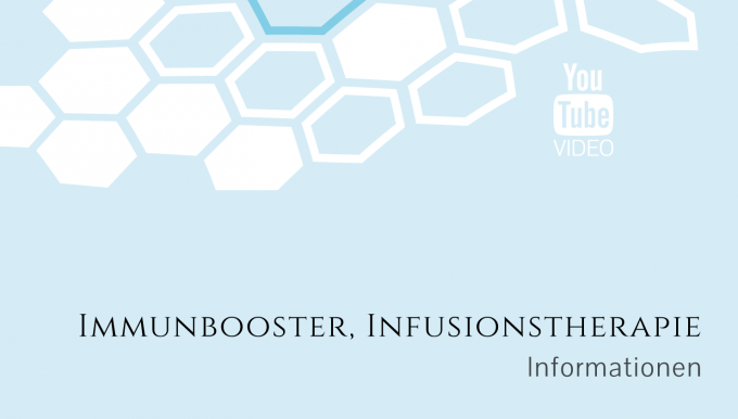 On a light blue background lies a white honeycomb structure, which is modeled after healed skin cells. In the middle is an icon for playing a video. Above it is the heading Infusion Therapy Immune Booster.
