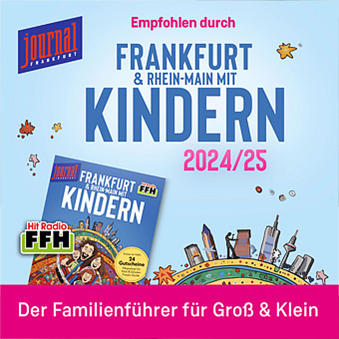 Picture collage of a campaign by the Journal Frankfurt for the best companies and locations in Frankfurt am Main. Logo of the magazine, striking headlines, an illustration of the special issue, abstract illustration of the city and FFH radio logo and family guide.