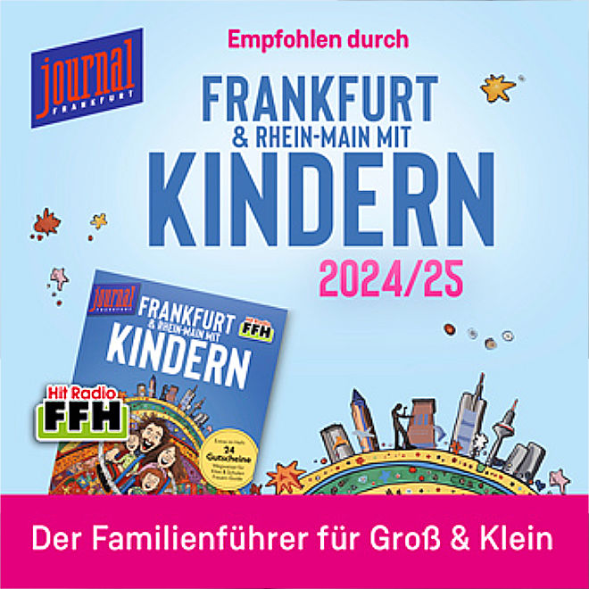 Bildercollage einer Aktion vom Journal Frankfurt für beste Unternehmen und Locations in Frankfurt am Main. Logo der Zeitschrift, plakative Headlines, eine Abbildung des Sonderheftes, abstrakte Illustration der Stadt und FFH-Radio-Logo und Familienführer.