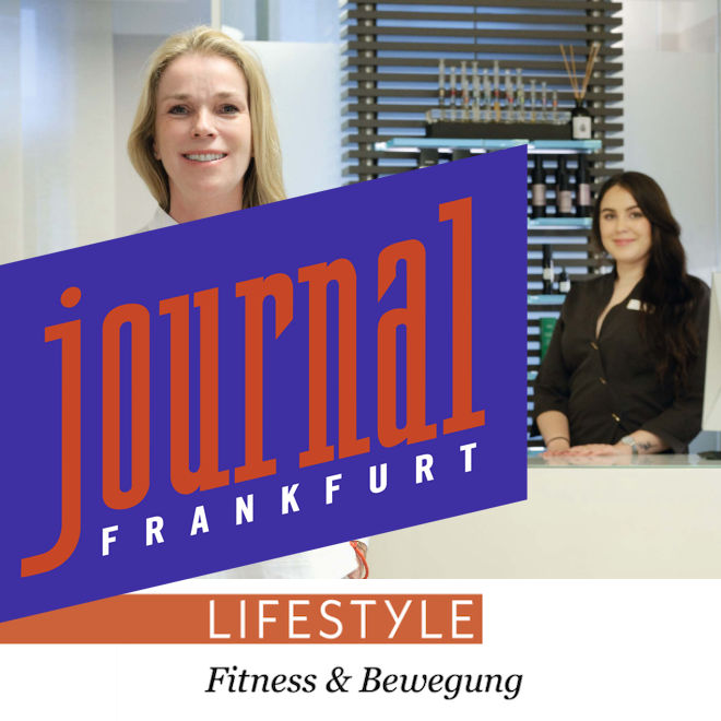 Miss Dr. Dötterer-Rieg, the dermatologist from Frankfurt, at the Dermasthetics Institute. The reception desk of the beauty institute can be seen behind the dermatologist. It is occupied by a pretty beautician. In the foreground is the logo of the Journal Frankfurt.