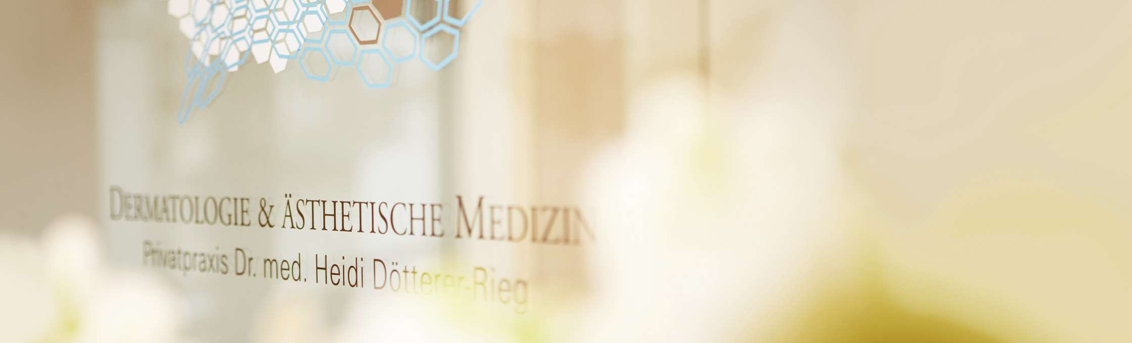 On a showcase of the private dermatologist's practice at Goethestraße 30 near Fressgass in Frankfurt, the practice symbol of the private medical practice is attached as a foil plot on a transparent glass surface. Flowers are blurred in the foreground.